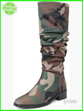 Slouchy Knee High Combat Boots Square Toe Chunky Flat Heel Pull On